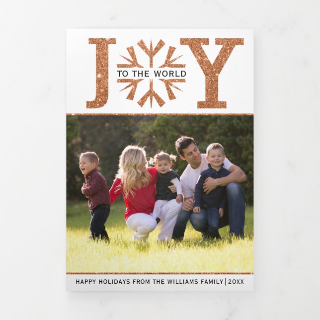 Cartão De Festividades Com Dobra Tripla Alegria ao mundo do Natal brilhante em cobre (Cobrir)