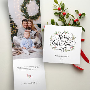 Cartão De Festividades Com Dobra Tripla Aquarela Feliz Natal Script Botânico