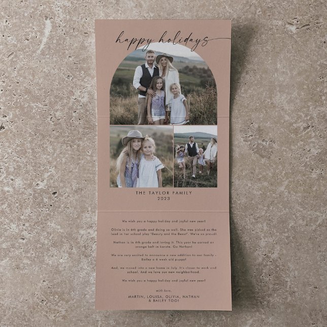 Cartão De Festividades Com Dobra Tripla Arco Moderno | Colagem de Fotos Salmon Happy Holid (Criador carregado)