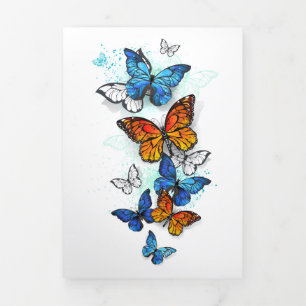 Cartão De Festividades Com Dobra Tripla Borboletas voadoras Morpho e Monarca