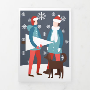 Cartão De Festividades Com Dobra Tripla Casal Gay de Natal Cachorro e Árvore Personalizado