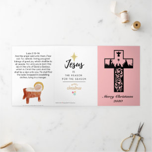 Cartão De Festividades Com Dobra Tripla Cena de Natal Elegante Igreja Cruz Rosa Natal
