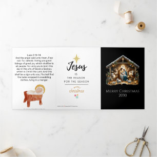 Cartão De Festividades Com Dobra Tripla Cena Tradicional de Natal da Igreja