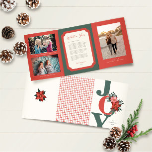 Cartão De Festividades Com Dobra Tripla Christmas Trifold Photo Red Green Joy Floral