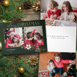 Cartão De Festividades Com Dobra Tripla Colorida Poinsettias de Natal de 2 Fotos Feliz<br><div class="desc">Design de Natal festivo e colorido,  com duas fotografias com dourado personalizado,  um gráfico de texto de Natal feliz com um spray de poinsetos tradicionais de Natal e holly sobre fundo verde.</div>