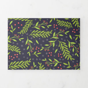 Cartão De Festividades Com Dobra Tripla Cypress Flocos de Neve Natal Berries Flores Vermel