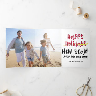 Cartão De Festividades Com Dobra Tripla Divertida Foto de Ano Novo Melhor Tarde do que Nun