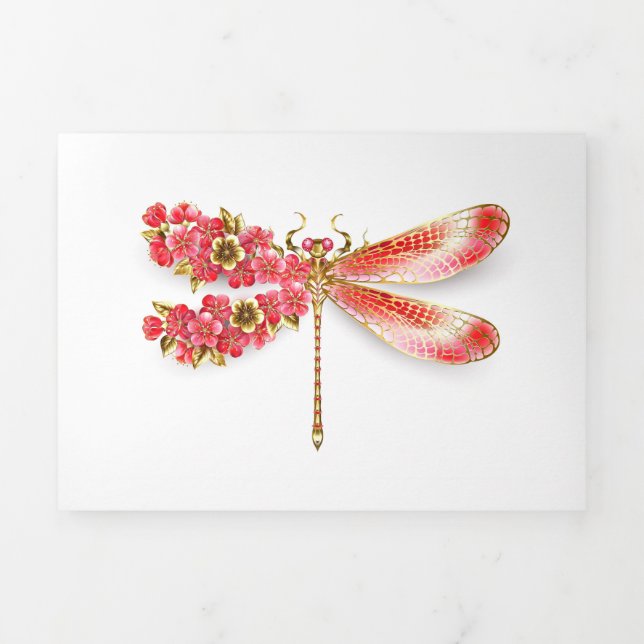 Cartão De Festividades Com Dobra Tripla Dragonfly com joalheria sakura (Cobrir)