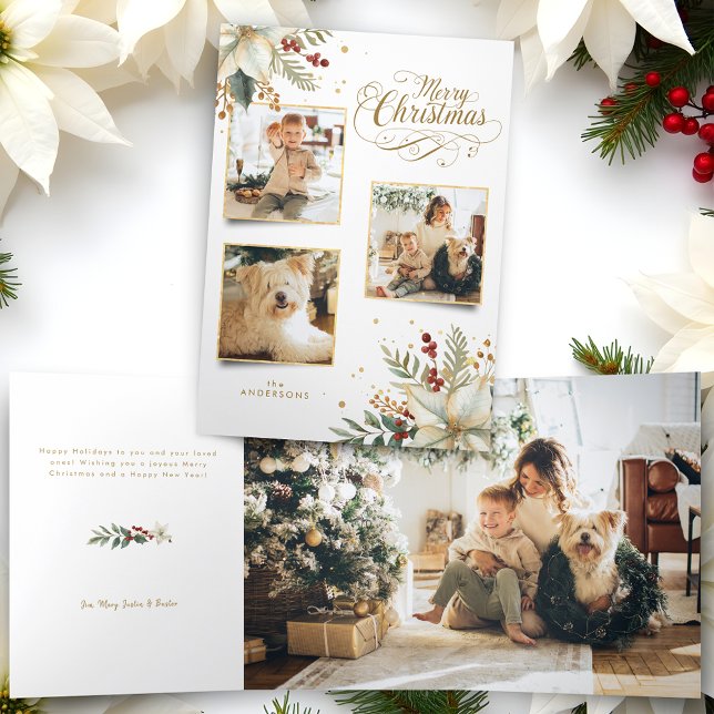 Cartão De Festividades Com Dobra Tripla Elegante Dourado Feliz Natal Botânico 3 Foto (Criador carregado)