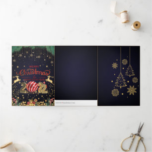 Cartão De Festividades Com Dobra Tripla Elegante Red E Dourado Feliz Natal