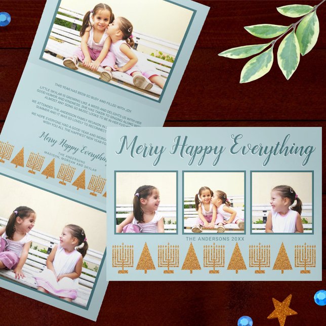 Cartão De Festividades Com Dobra Tripla Feliz Azul Elegante Azul, Interfé 5 Foto (Add your photos to this tri-fold holiday card that celebrates Hanukkah and Christmas together)