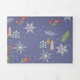 Cartão De Festividades Com Dobra Tripla Feliz Natal Árvores Desenhadas à Mão Flores de Nev