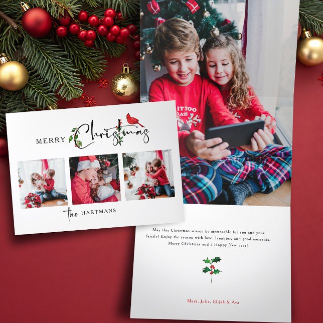 Cartão De Festividades Com Dobra Tripla Feliz Natal Calliografia Botânica 3 Foto (Criador carregado)