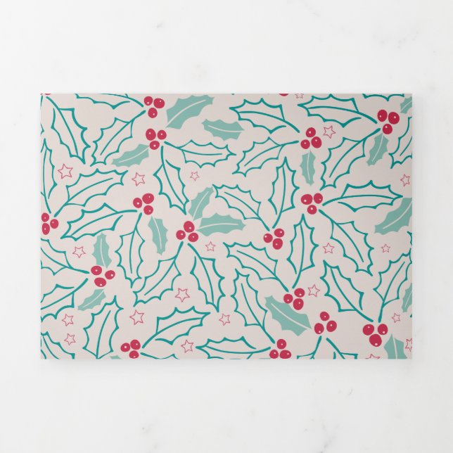 Cartão De Festividades Com Dobra Tripla Feliz Natal Holly Berries Vermelho Branco Verde (Cobrir)