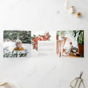 Cartão De Festividades Com Dobra Tripla Feliz Natal Poinsettia Pine 3 Photo Watercolor