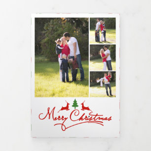 Cartão De Festividades Com Dobra Tripla Feliz Natal veado e árvore, colagem de fotos
