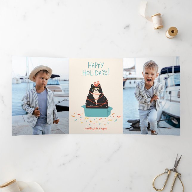 Cartão De Festividades Com Dobra Tripla Feriado de Gato Festivo (Dentro)