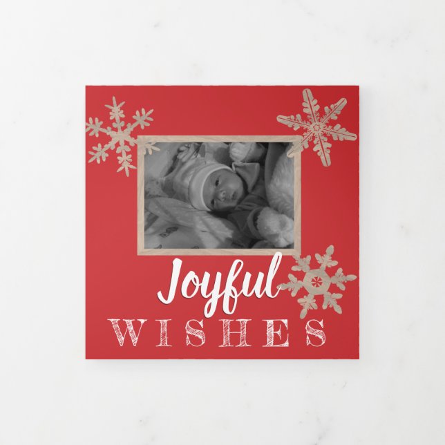 Cartão De Festividades Com Dobra Tripla Floco de Neve Vermelho Moderno Festivo 3 Foto (Cobrir)