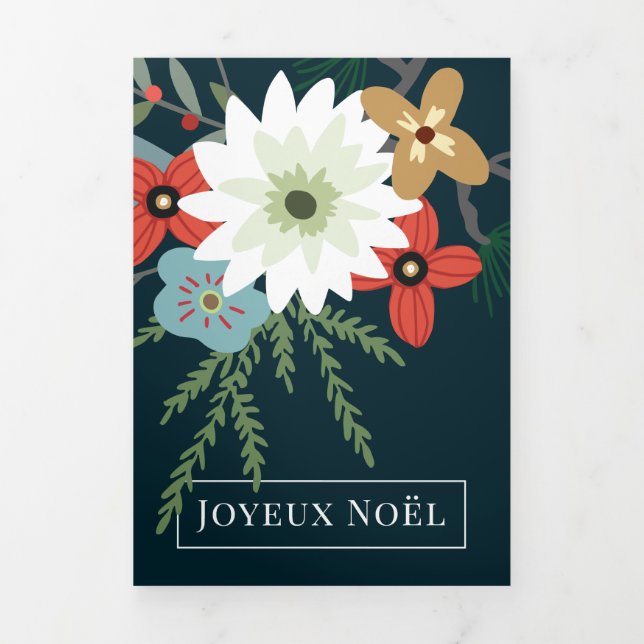 Cartão De Festividades Com Dobra Tripla Flores de inverno Joyeux Noël Natal Elegante (Cobrir)