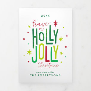 Cartão De Festividades Com Dobra Tripla Foto da família de Natal Holly Jolly