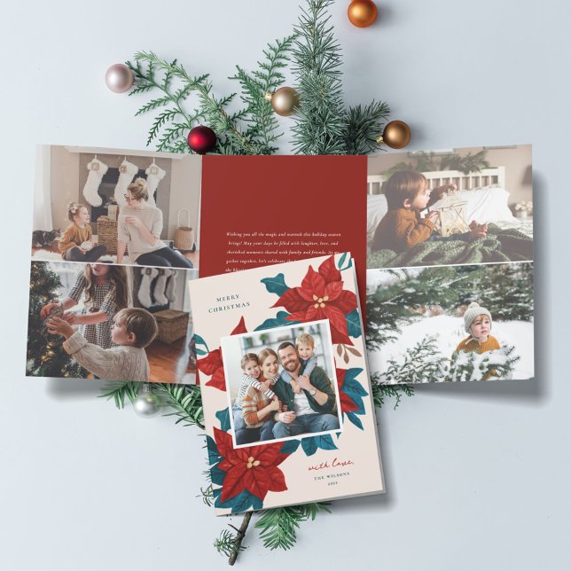 Cartão De Festividades Com Dobra Tripla Foto de Natal Pintada de Poinsettias (Criador carregado)