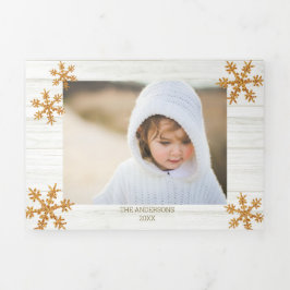 Cartão De Festividades Com Dobra Tripla Foto de Natal Russo Dourado Floco de Neve 5
