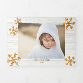 Cartão De Festividades Com Dobra Tripla Foto de Natal Russo Dourado Floco de Neve 5