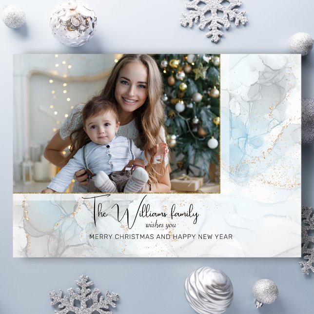 Cartão De Festividades Com Dobra Tripla Foto de Tinta Azul e Álcool Dourado Elegante (Criador carregado)