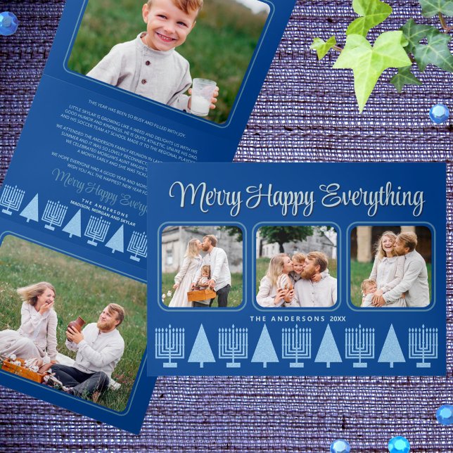 Cartão De Festividades Com Dobra Tripla Foto do Elegante Elegante Interreligioso Azul de f (Easy to personalize, these interfaith holiday tri-fold cards are great for interfaith families)
