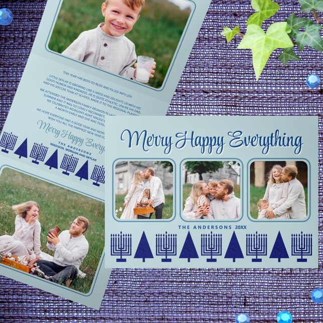 Cartão De Festividades Com Dobra Tripla Foto Elegante Elegante Elegante de Interfé do Mari (Tri-fold holiday cards with Hanukkah menorahs and Christmas trees for interfaith families & couples)