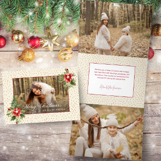 Cartão De Festividades Com Dobra Tripla Foto Floral de Natal Vintage Colorida e Ousada