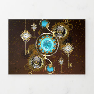 Cartão De Festividades Com Dobra Tripla Fundo Rusty Steampunk com Lentes Turquesa