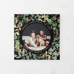 Cartão De Festividades Com Dobra Tripla Gilded Greenery Black Natal multifotográfico