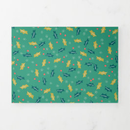 Cartão De Festividades Com Dobra Tripla Holly de Natal deixa e berve com flocos de neve