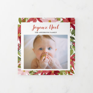 Cartão De Festividades Com Dobra Tripla Joyeux Noel Red Poinsettia Flor Baby Multi Photo