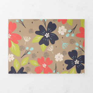 Cartão De Festividades Com Dobra Tripla Marinho Branco de Poinsettia de Natal desenhado