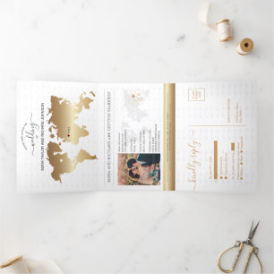 Cartão De Festividades Com Dobra Tripla Marinho Dourado do Mapa Mundial de Casamento de De