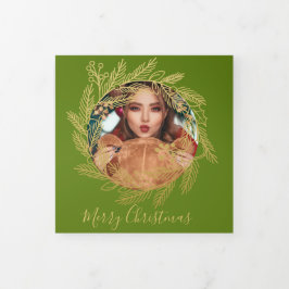 Cartão De Festividades Com Dobra Tripla Natal Dourado Wreath Foto personalizada Natal