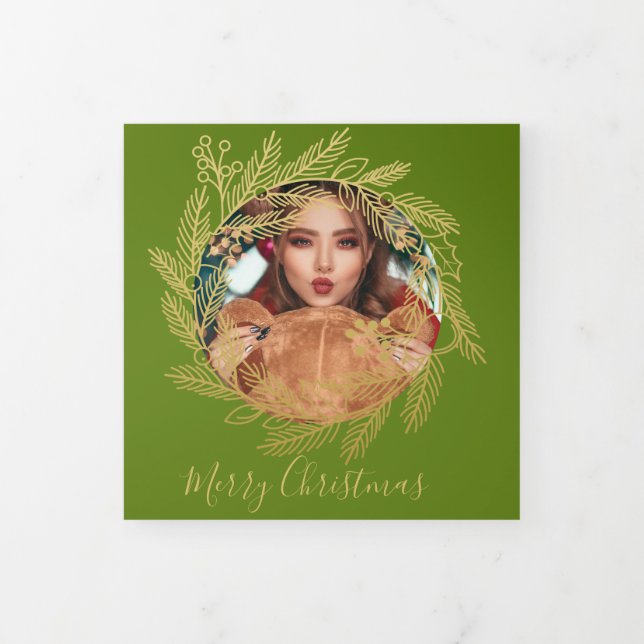 Cartão De Festividades Com Dobra Tripla Natal Dourado Wreath Foto personalizada Natal (Cobrir)