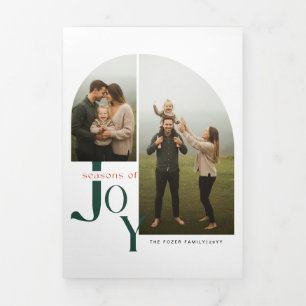 Cartão De Festividades Com Dobra Tripla Natal em Família Minimalista com 2 Fotos Verdes