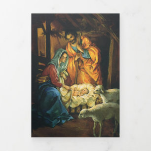 Cartão De Festividades Com Dobra Tripla Natividade de Natal Vintage, Menino Jesus no Presé