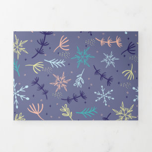 Cartão De Festividades Com Dobra Tripla Neve Snowflakes Pine Boughs Soprando