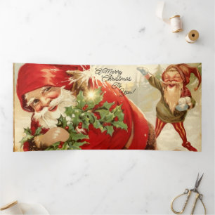 Cartão De Festividades Com Dobra Tripla Papai Noel Vintage, Azevinho e o Gnomo que Lança B