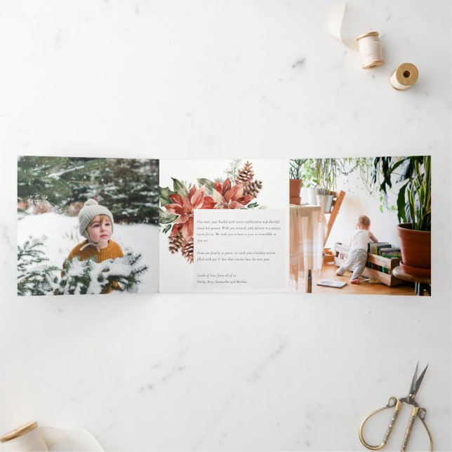 Cartão De Festividades Com Dobra Tripla Paz Natal Poinsettia Pinheiro 3 Foto Aquarela (Dentro)