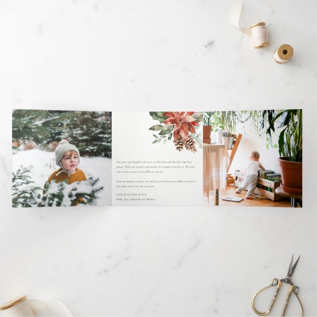 Cartão De Festividades Com Dobra Tripla Poinsettia Pine 3 Foto Aquarela Natal Feliz (Dentro)