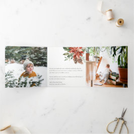 Cartão De Festividades Com Dobra Tripla Poinsettia Pine 3 Foto Aquarela Natalícia Alegre