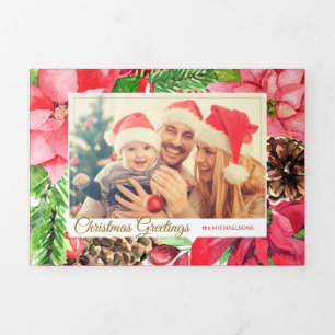 Cartão De Festividades Com Dobra Tripla Poinsettias Coloridas Rosa e Foto Pinosa