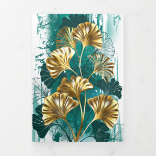 Cartão De Festividades Com Dobra Tripla Ramificação com Ouro deixa Ginko Biloba