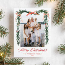 Revisão do Ano Foto de Natal com Verde e Fita Verm