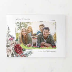 Cartão De Festividades Com Dobra Tripla Rosas de Aquarela Elegante, Pino e Foto de Quadro